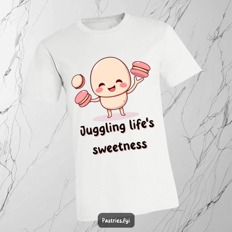 Funny macaron character giggling as it juggles three smaller macarons, printed on a colorful and amusing t-shirt.