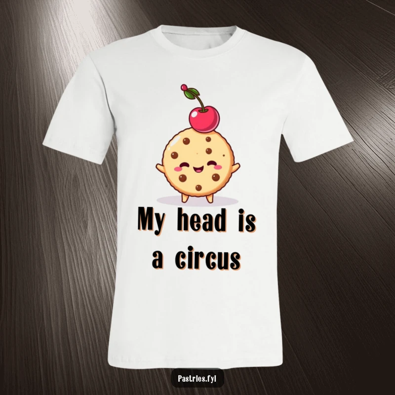 Funny mischievous cookie character wearing a cherry on its head, printed on a t-shirt. Great for dessert lovers.