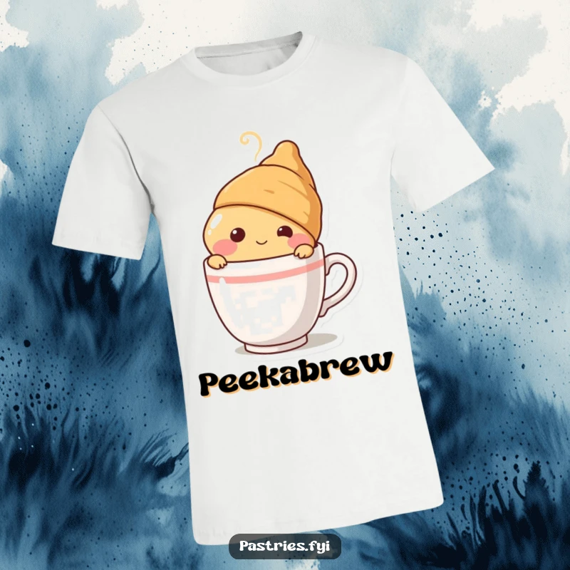 Funny croissant character blushing and peeking from behind a steaming coffee cup, printed on a soft t-shirt for a cute look.