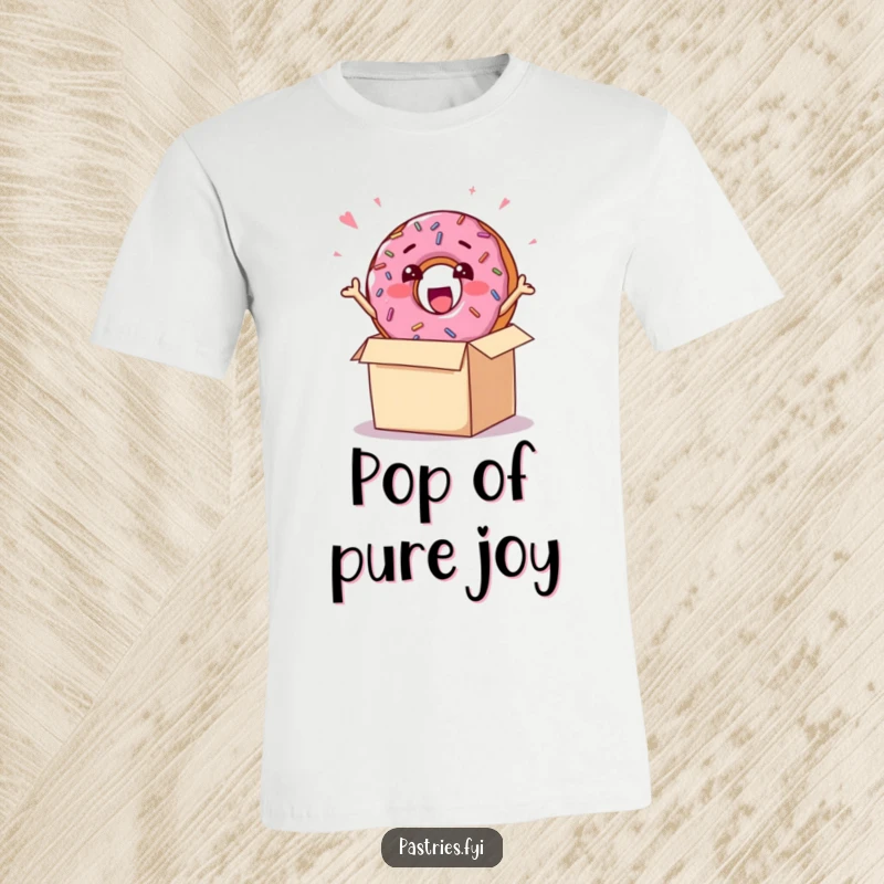 Funny t-shirt showcasing a happy donut character covered in sprinkles, bursting excitedly out of a box, ready to be devoured.