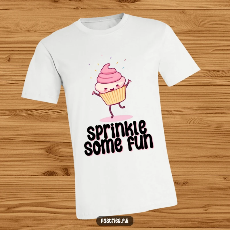 Funny Cupcake T-Shirt: A smiling cupcake does a cartwheel, with a cascade of sprinkles flying around.