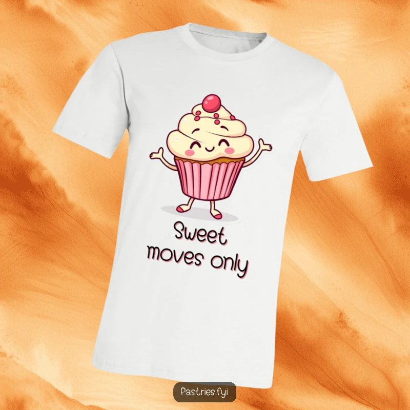 Funny T-Shirt featuring a happy cupcake character doing a quirky jig, embodying pure delight and a festive mood.