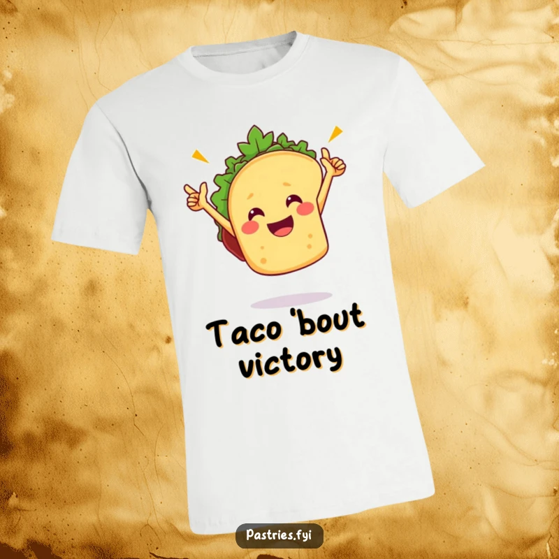 Funny taco t-shirt with a beaming taco character doing a lively victory dance, embodying celebration and a love for Mexican food, a wearable party.