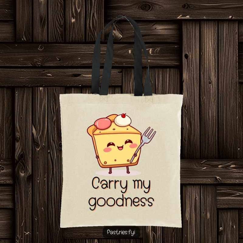 Funny pie slice character tote bag, laughing hysterically with a fork stuck in its side, a whimsical and functional accessory.