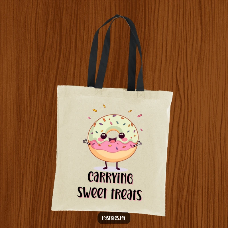 Funny tote bag with a cheerful donut character juggling a shower of colorful sprinkles, adding sugary fun.
