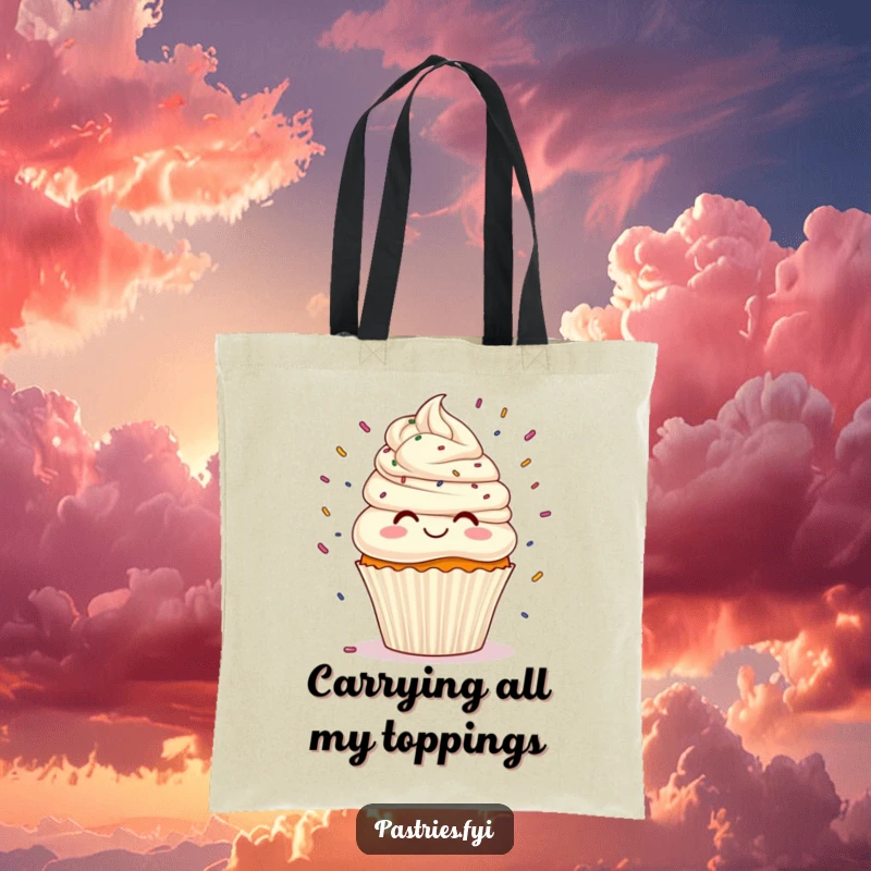 Funny cupcake with frosting hair juggling colorful sprinkles, a delightful and humorous tote bag for everyday use.