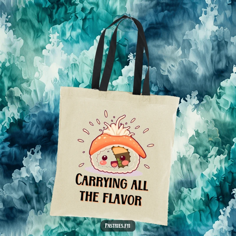 Funny sushi tote bag showcasing an energetic sushi character with rice bursting out, representing excitement and love for food, a stylish accessory.