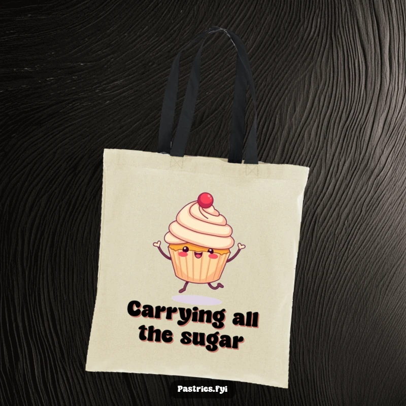 Funny cheerful cupcake with tiny legs, jubilantly hopping on a tote bag, ideal for carrying essentials with sweet charm, a funny gift.