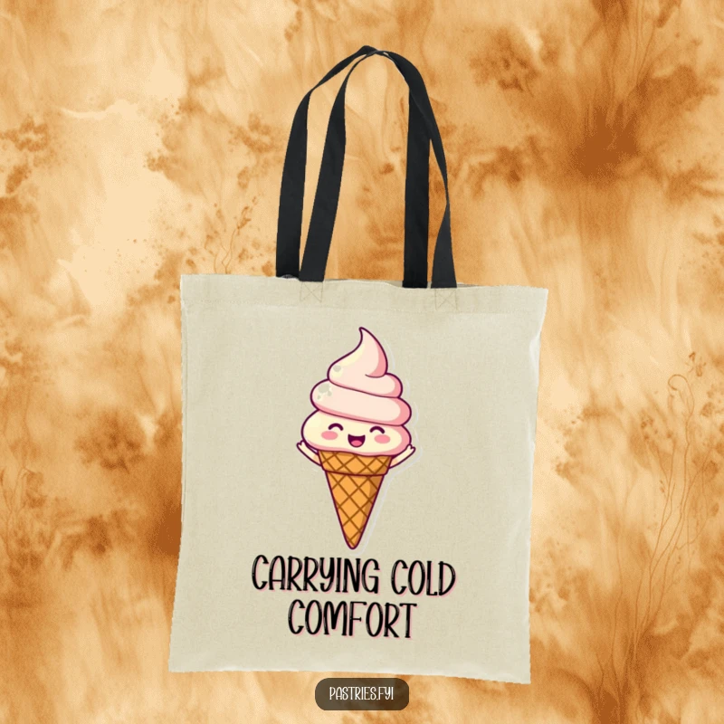 Funny tote bag with a cheerful ice cream cone character spinning joyfully, perfect for carrying essentials and spreading sweetness.