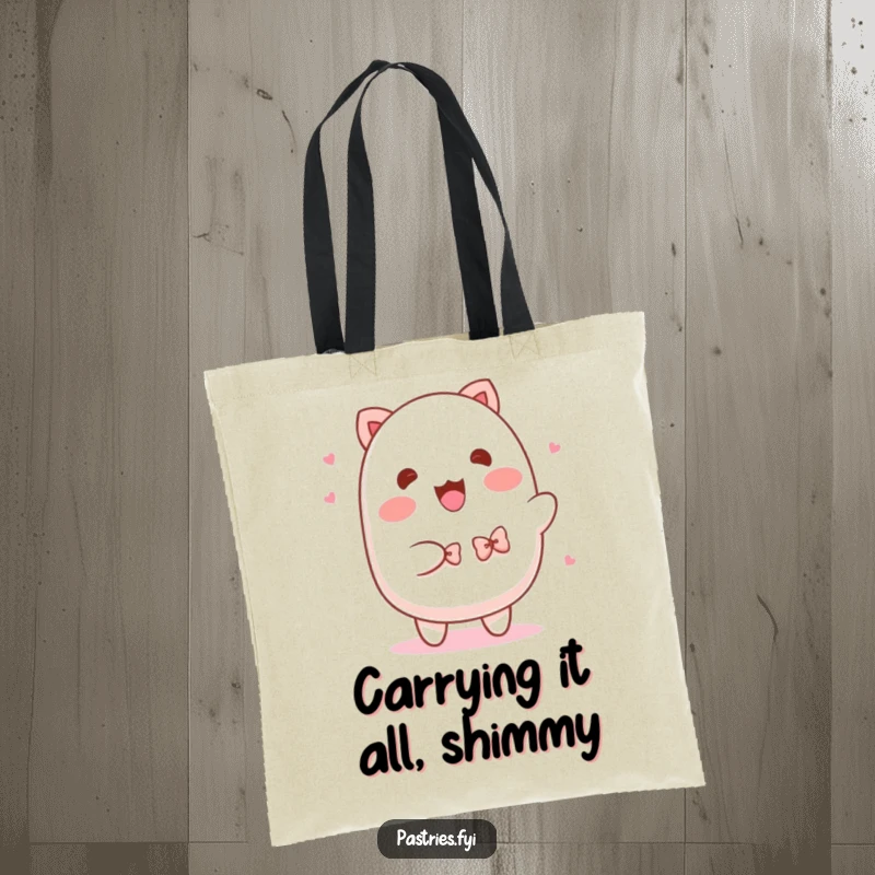 Funny Mochi Tote Bag: A cheerful mochi character performs a jaunty shimmy, accessorized with tiny bowties.