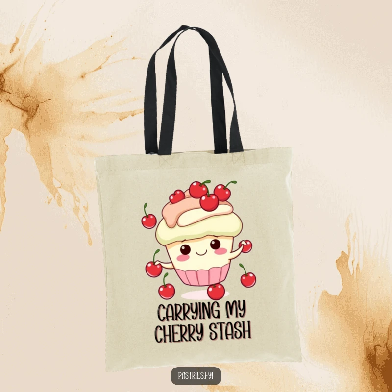 Funny tote bag showcasing a happy cupcake character juggling bright red cherries, perfect for carrying groceries with a smile.