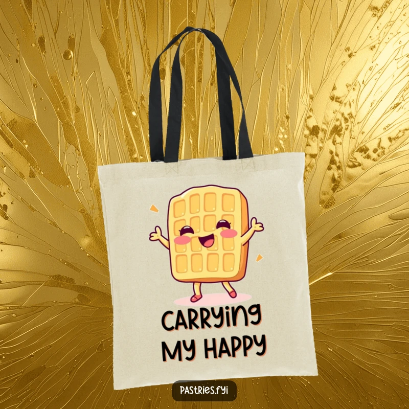 Funny tote bag featuring a delighted waffle character doing a happy dance, perfect for carrying breakfast treats and smiles.