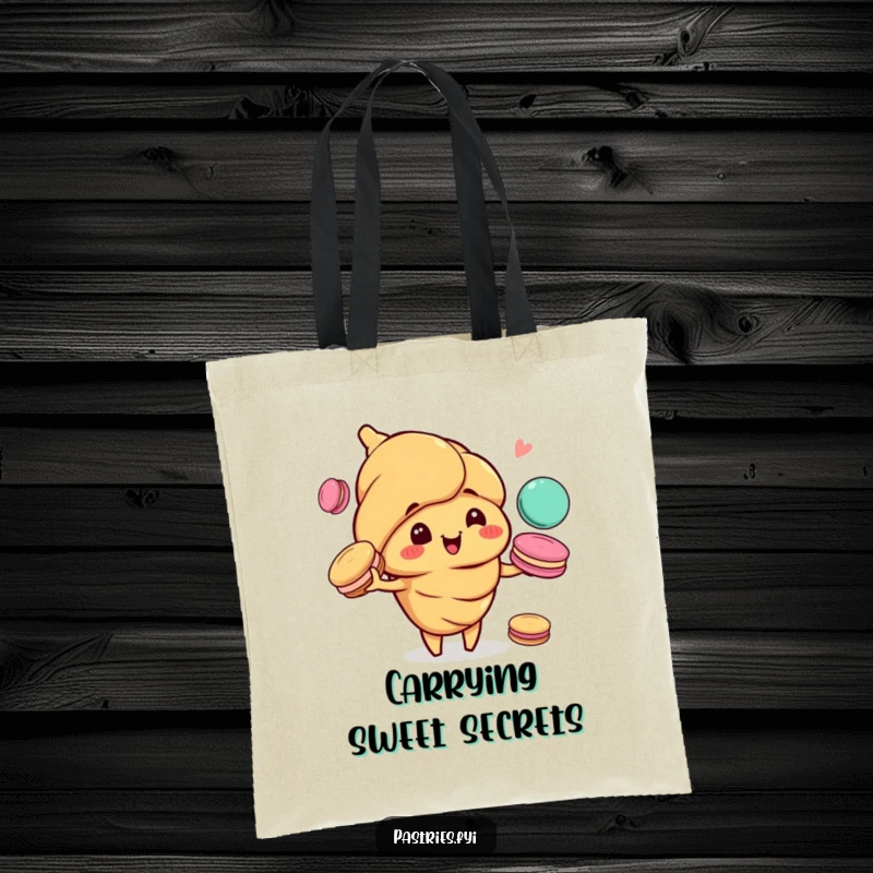Funny tote bag with a happy croissant, grinning mischievously as it juggles a vibrant stack of macarons.