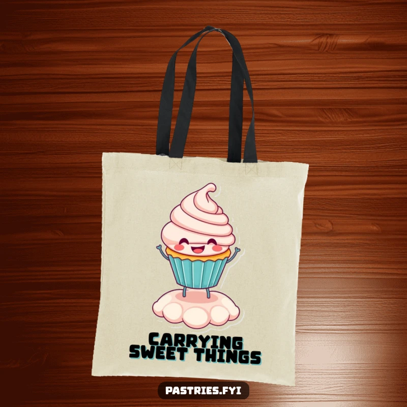 Funny smiling cupcake character happily bouncing on its frosting, printed on a durable tote bag for cheerful carrying.