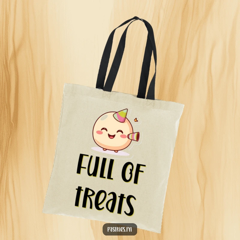 Funny Tote Bag illustrating a giggling macaroon with a wide smile, blowing a miniature party horn.