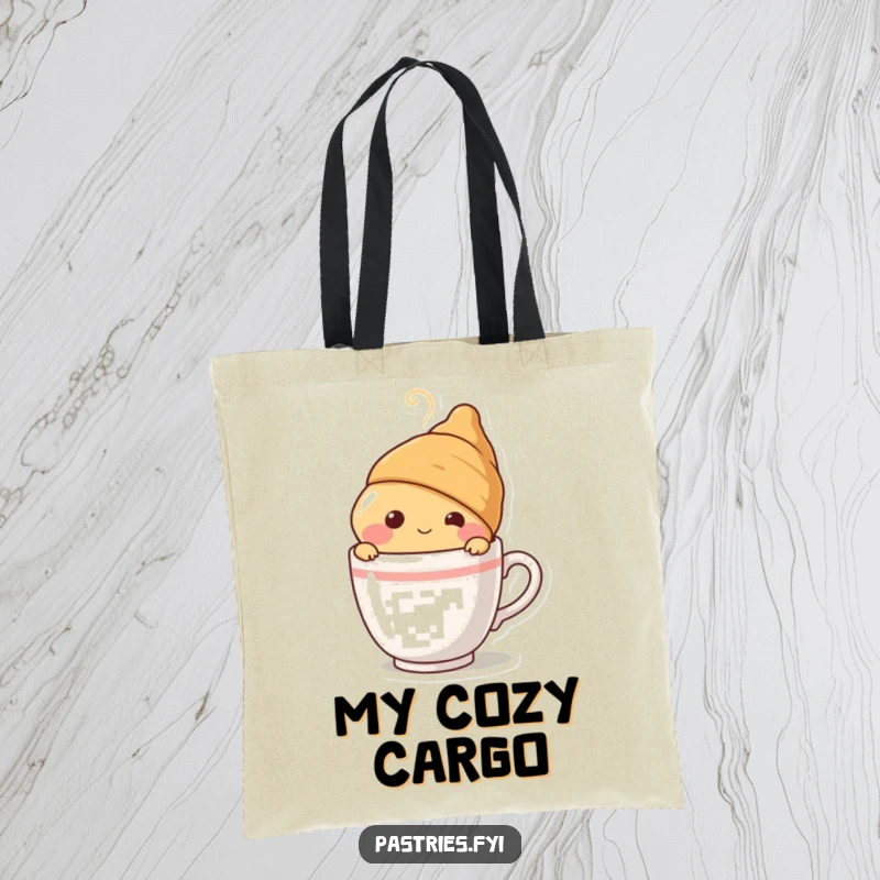 Funny blushing croissant character peeking from behind a steaming coffee cup, featured on a spacious and stylish tote bag for charming outings.
