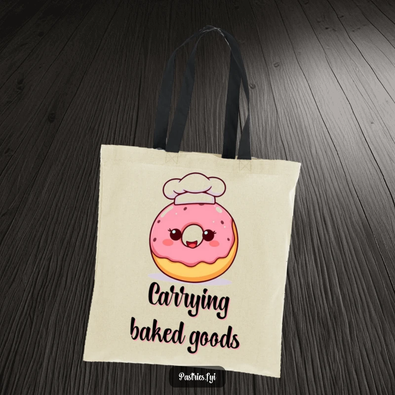 Funny donut character with a chef hat, ready to bake, printed on a durable tote bag for carrying baking essentials humorously.