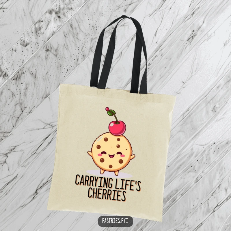 Funny cookie character balancing a cherry on its head, showcased on a durable tote bag. A humorous accessory.