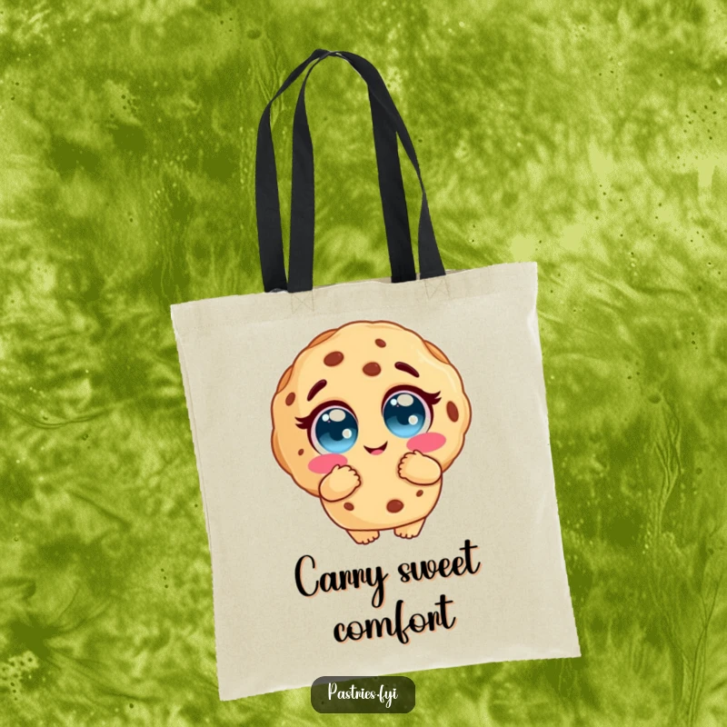 Funny cookie tote bag with a cookie character featuring large, expressive eyes offering a loving hug, perfect for everyday use and gifting.