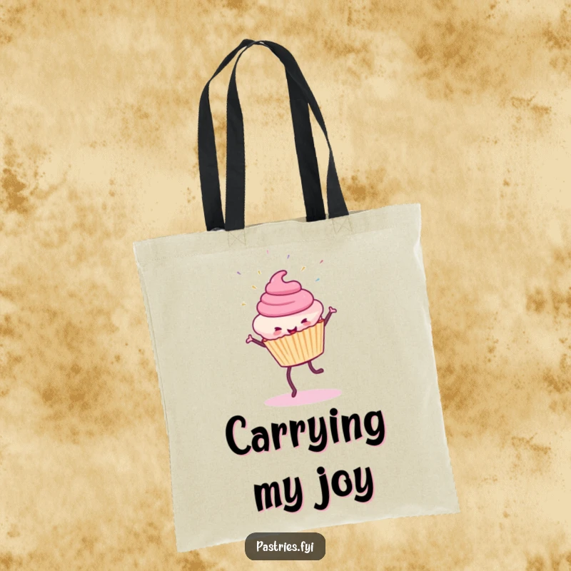 Funny Cupcake Tote Bag: A smiling cupcake performs a cartwheel, scattering colorful sprinkles, perfect for carrying joy.