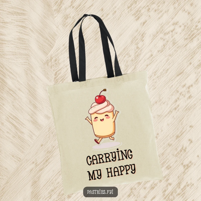 Funny tote bag design featuring a joyful pastry character dancing with a cherry on top, perfect for shopping and daily use, a funny gift.