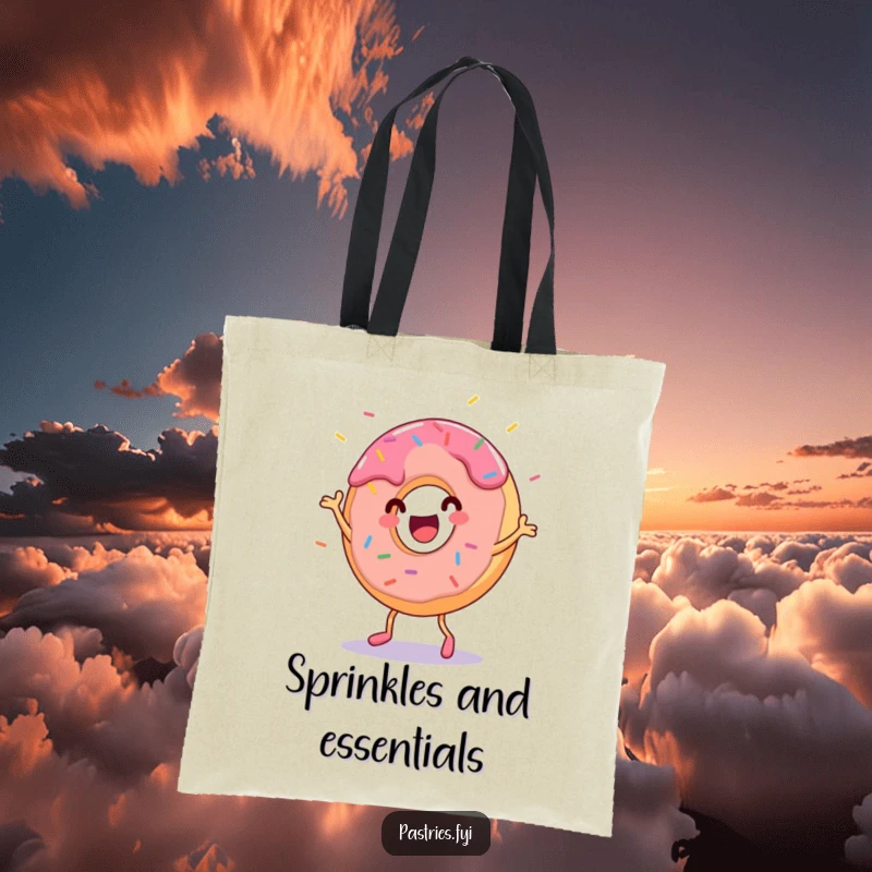 Funny donut character doing a silly dance with sprinkles flying, on a stylish tote bag. A fun and practical accessory.