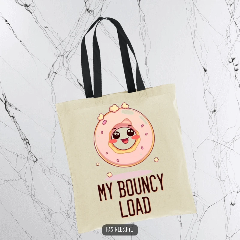 Funny tote bag with a giggling donut hole character bouncing like popcorn, perfect for carrying goods with a smile.