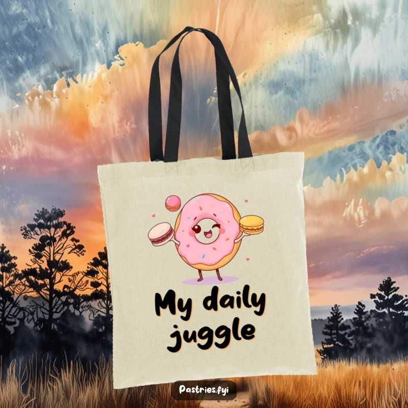 Funny tote bag with a winking donut character juggling three colorful macarons, practical and full of personality.