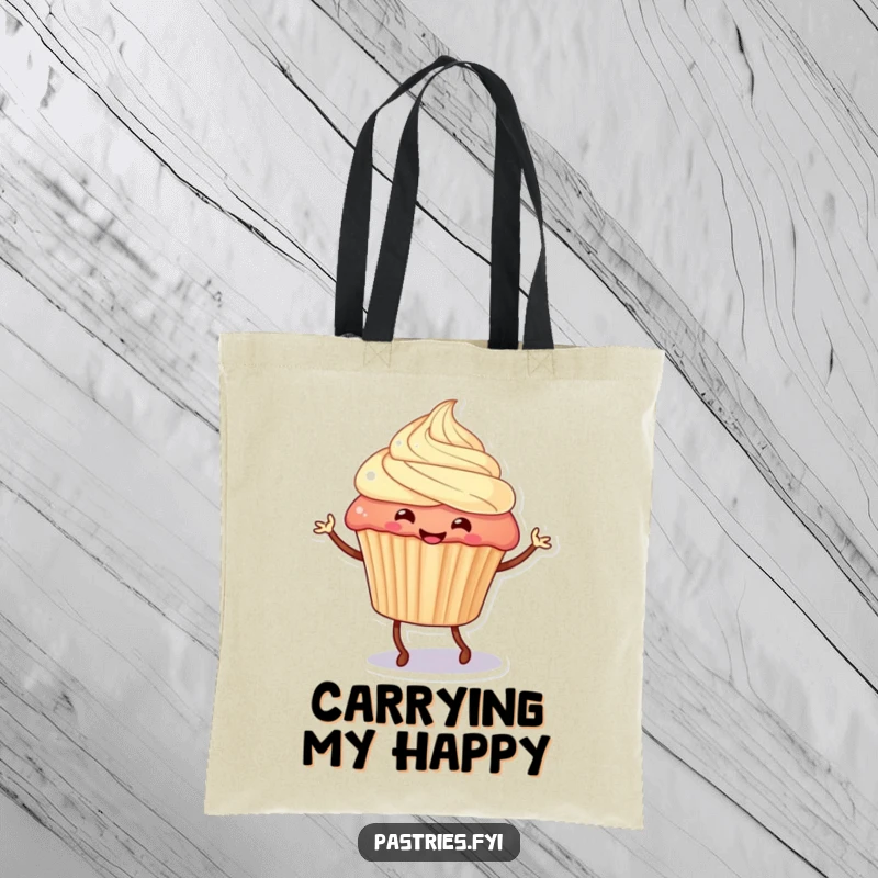 Funny cupcake character with legs performing a happy jig, ideal for a spacious and stylish tote bag, promoting fun errands.