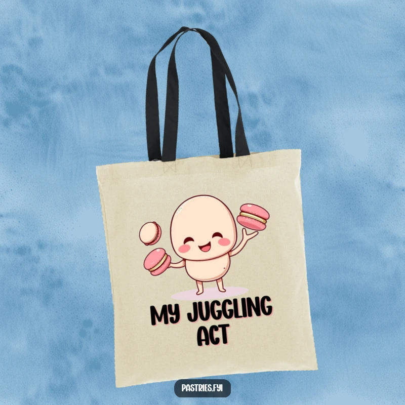 Funny macaron character giggling while juggling three smaller macarons, featured on a spacious and stylish tote bag for cheerful carrying.