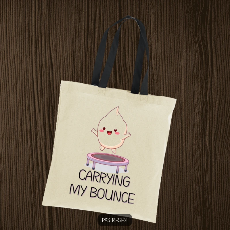 Funny kawaii meringue character bouncing on a trampoline, a humorous and charming tote bag for everyday use.