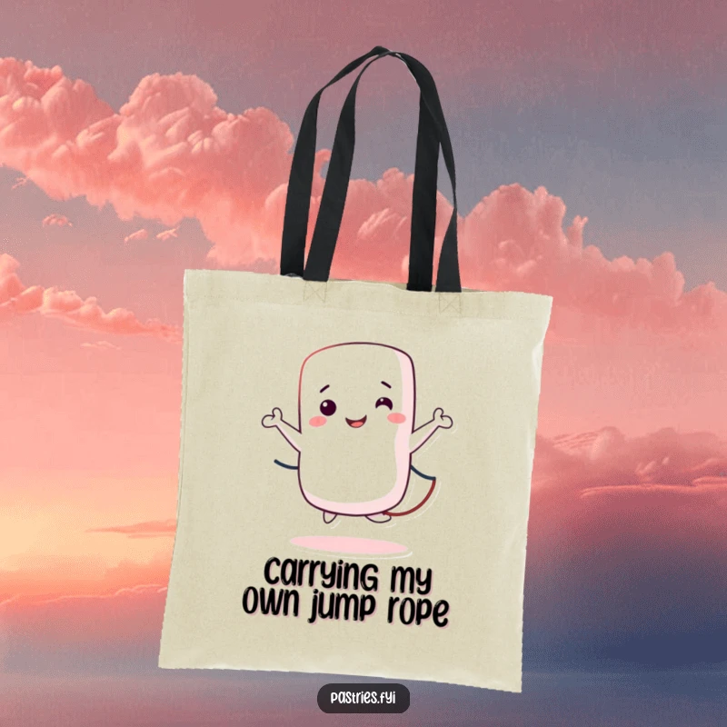 Funny Tote Bag featuring a delightful marshmallow character joyfully jumping rope, perfect for shopping trips.
