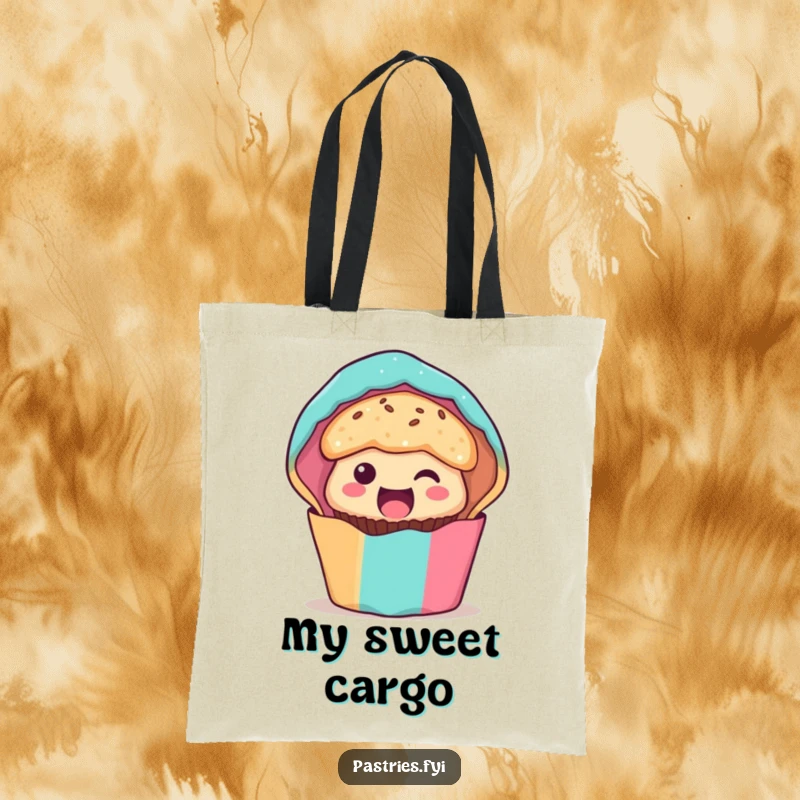 Funny muffin character tote bag, peeking from its wrapper with wide-eyed excitement, a charming and practical accessory.
