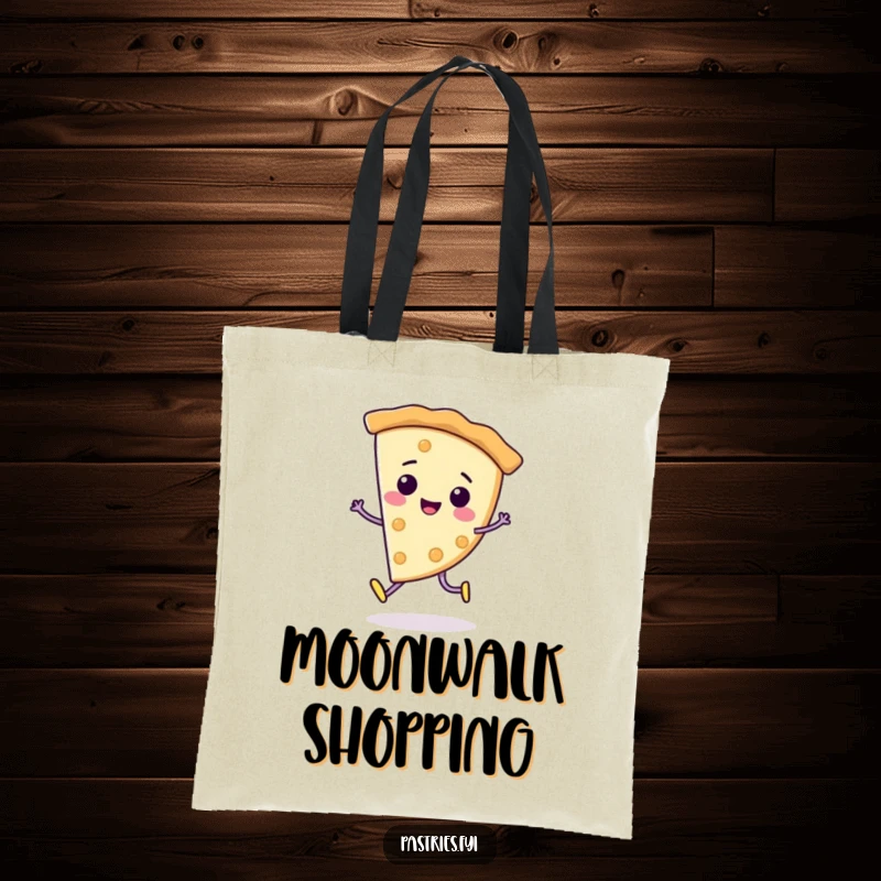 Funny Tote Bag: A cheerful pie slice character doing a playful moonwalk, practical for carrying items with a dose of vintage flair.
