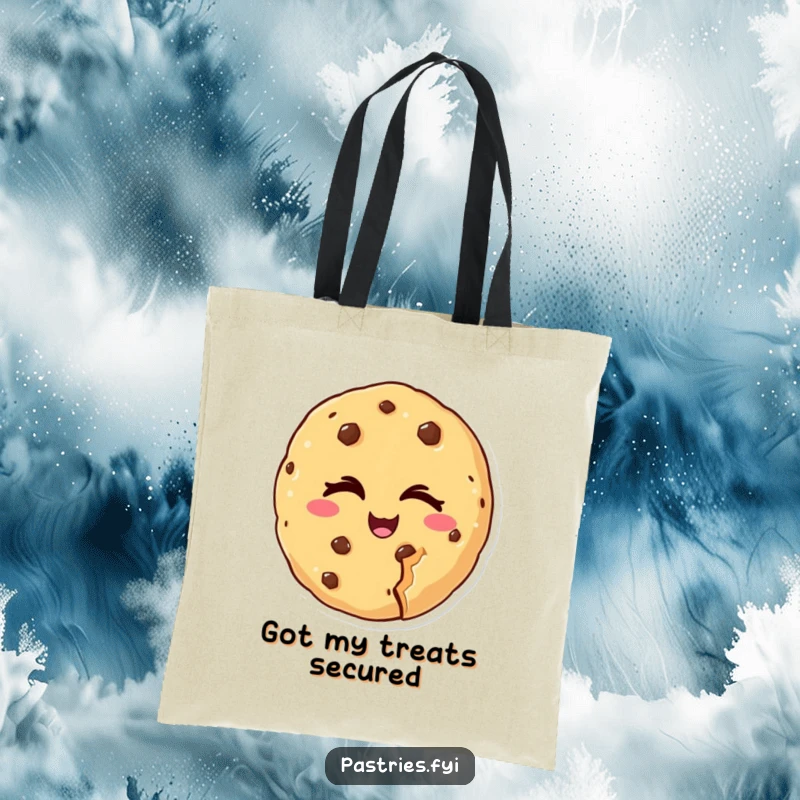Funny tote bag design featuring a cheeky cookie character winking with a bite missing, perfect for shopping and daily use, a funny gift.