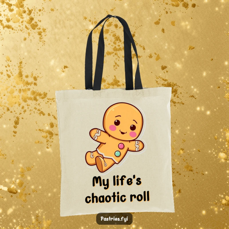Funny tote bag depicting a gingerbread man character with frosting buttons, rolling forward with festive energy and holiday cheer.
