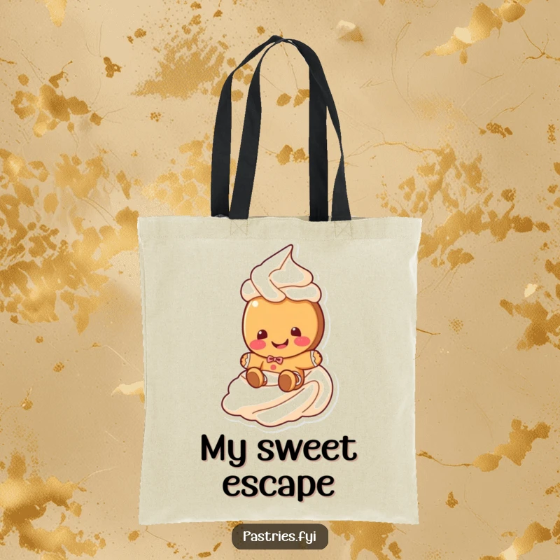 Funny gingerbread cookie tote bag with a giggling cookie character sliding down a frosting swirl, ideal for carrying holiday essentials humorously.