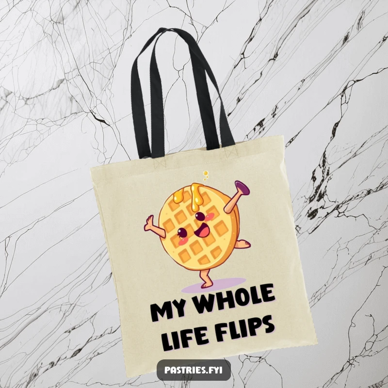 Funny waffle tote bag with a cartwheeling character and dripping syrup, ideal for carrying items with a smile.