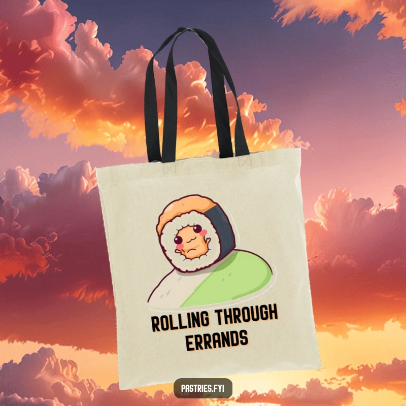 Funny sushi roll character playfully rolling down a hill, printed on a durable tote bag for everyday use and smiles.