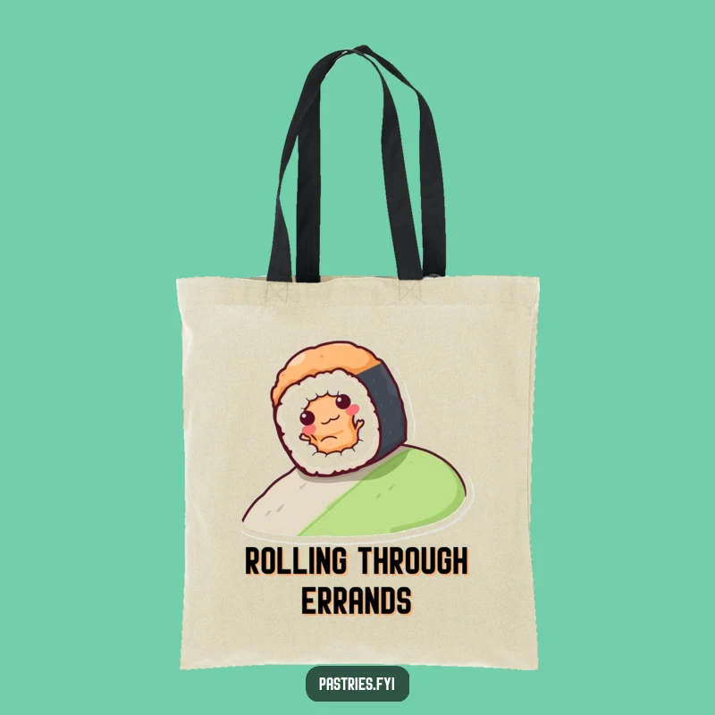 Funny Sushi Roll Tote Bag: Playful Character Rolling Down Hill Eco-Friendly Bag